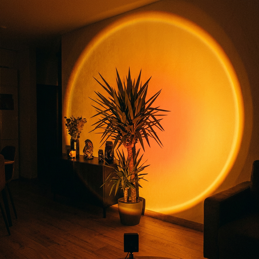 Virelle & Co Sunset Glow Projector — dramatic sunset wall projection with plant silhouette