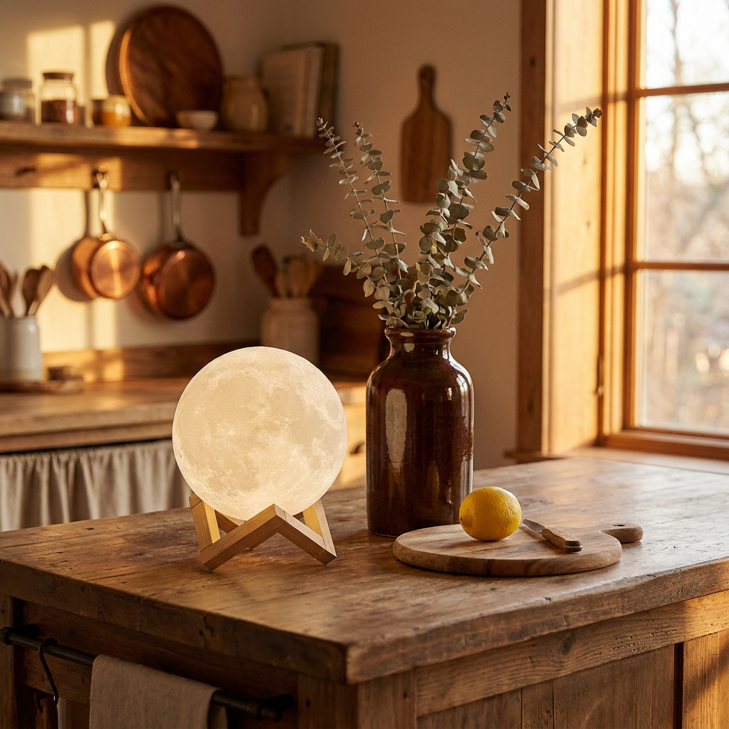 Virelle & Co Luna Moon Lamp — kitchen bench lifestyle golden hour