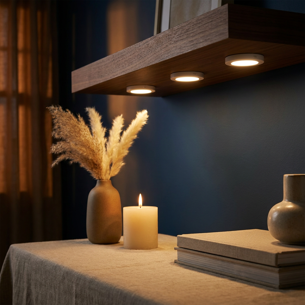 Virelle & Co Puck Lights under bedroom shelf glowing over decor - vase candle book