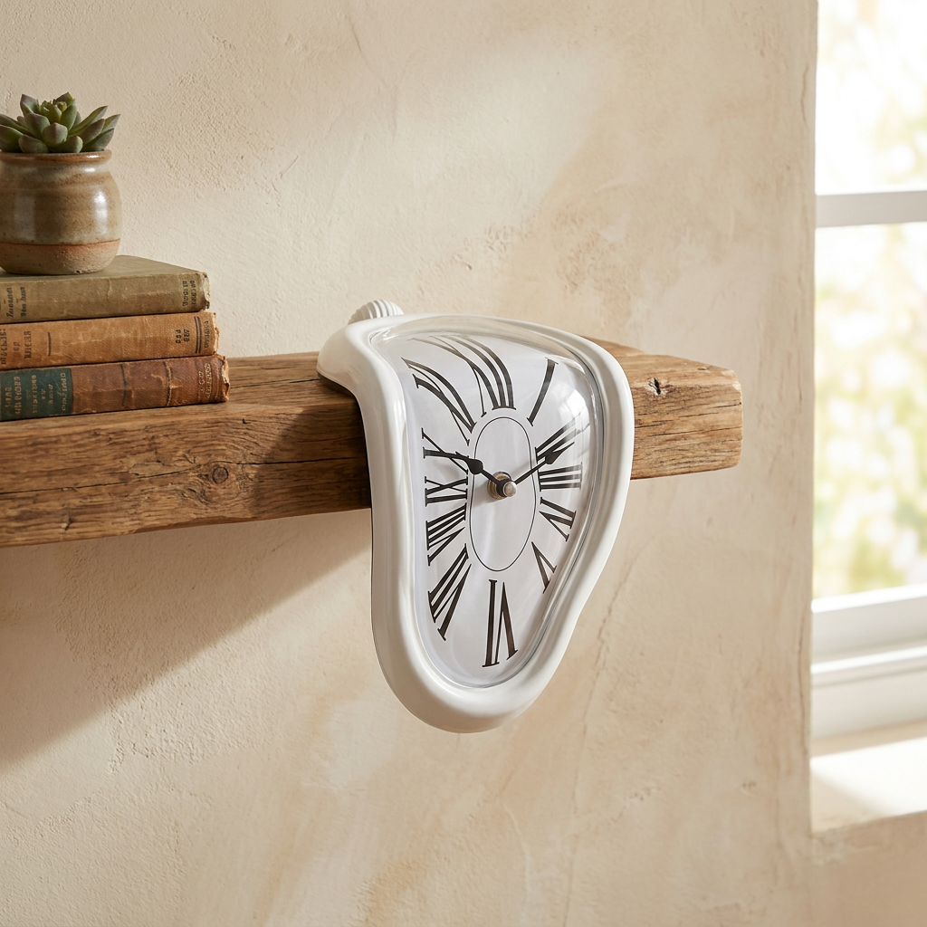 Virelle & Co Dalí Statement Clock — white on shelf angled lifestyle
