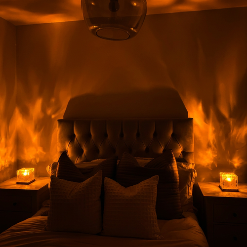 Virelle & Co Botanical Glow Lamp - amber flame light effect flooding bedroom walls and ceiling