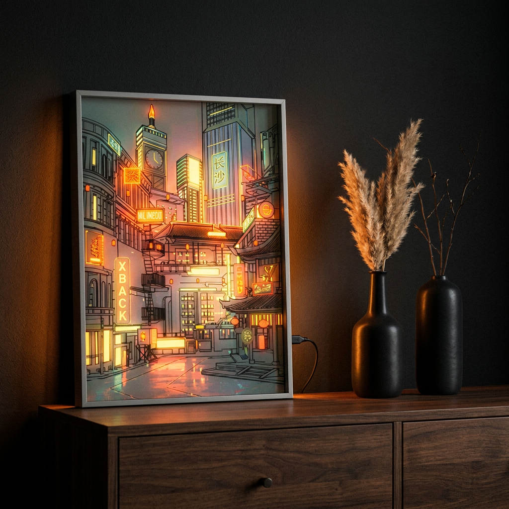 Virelle & Co Neon Glow Frame — warm amber colourway black wall dark wood vases