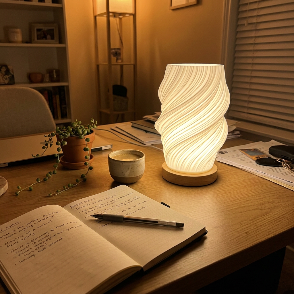 Virelle & Co Nordic Glow Lamp — home office desk evening lifestyle
