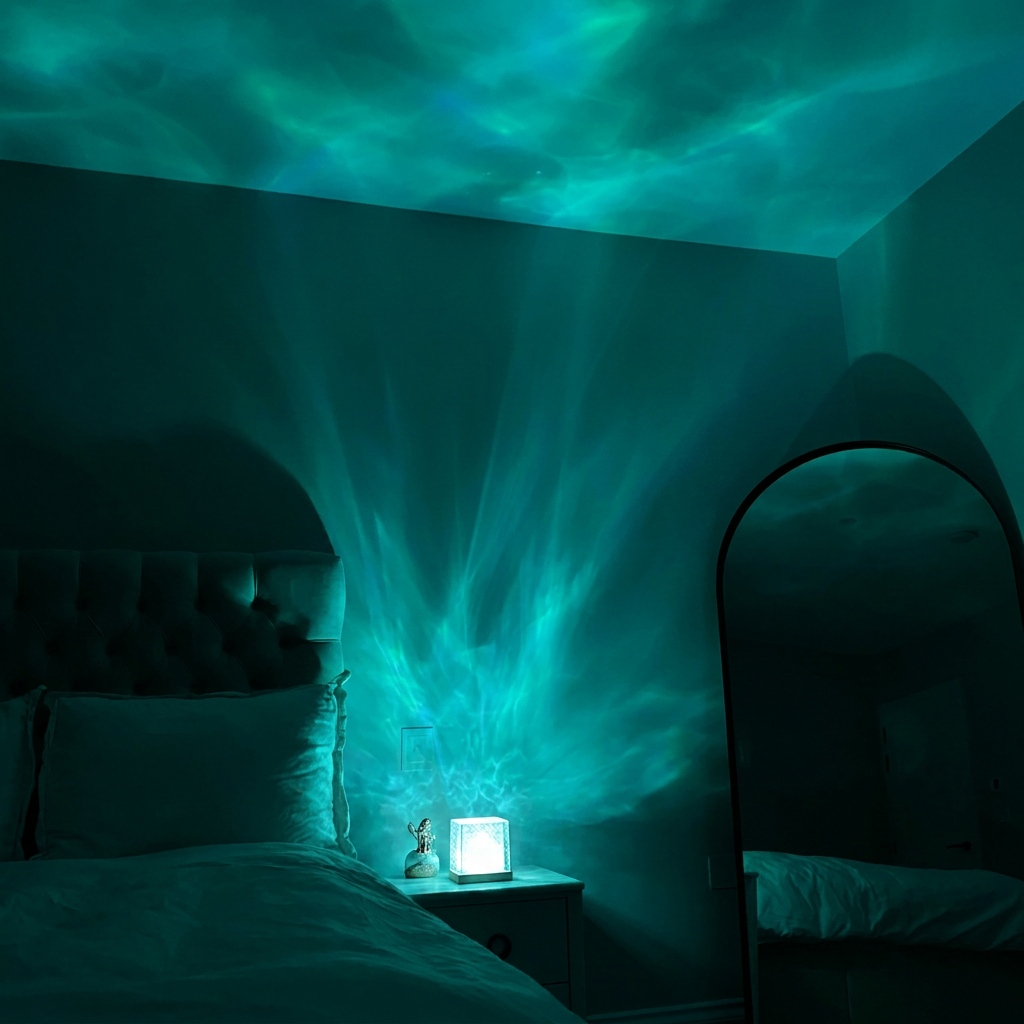 Virelle & Co Botanical Glow Lamp - teal aurora light effect filling bedroom with serene glow