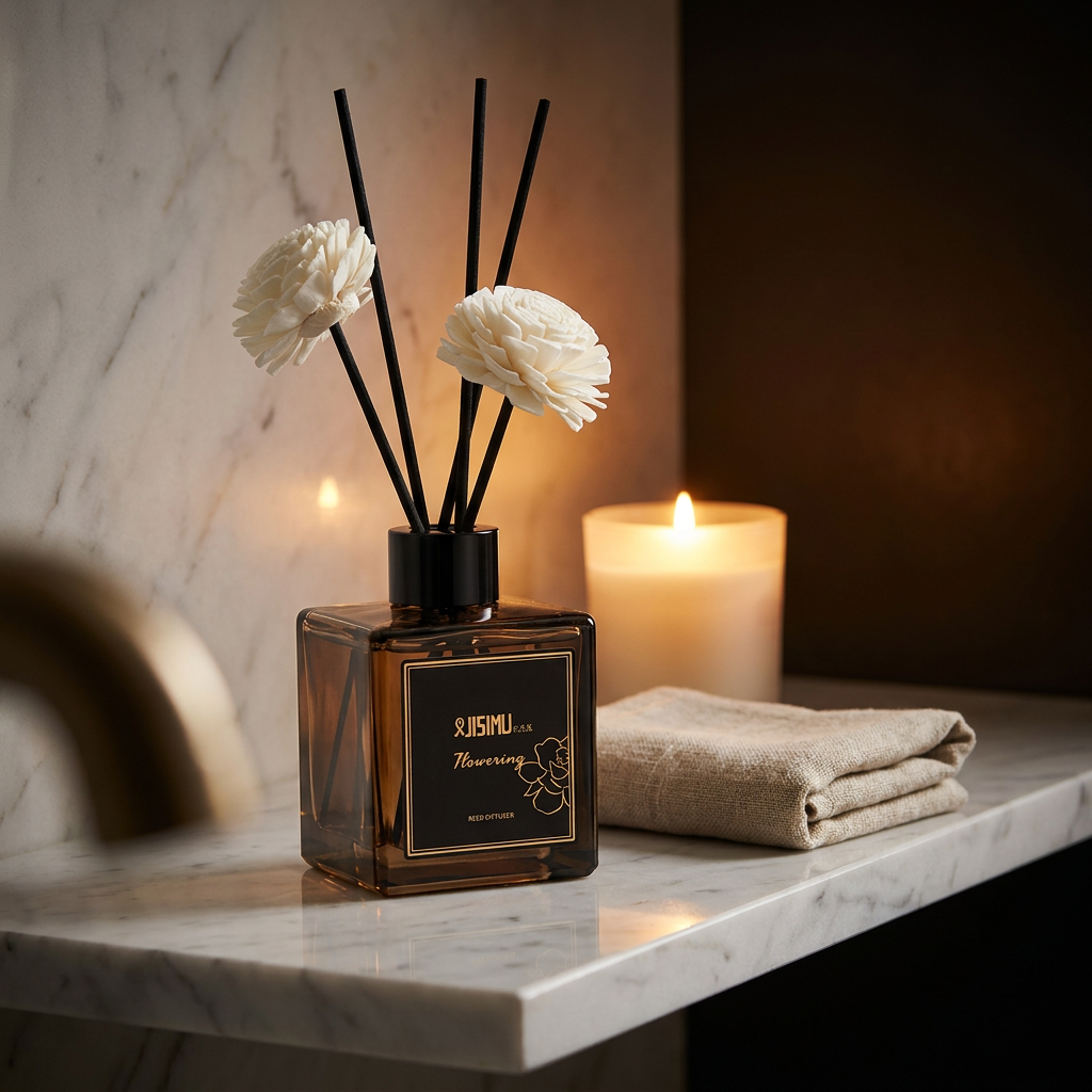 Virelle & Co Reed Diffuser - marble bathroom shelf with candle styling