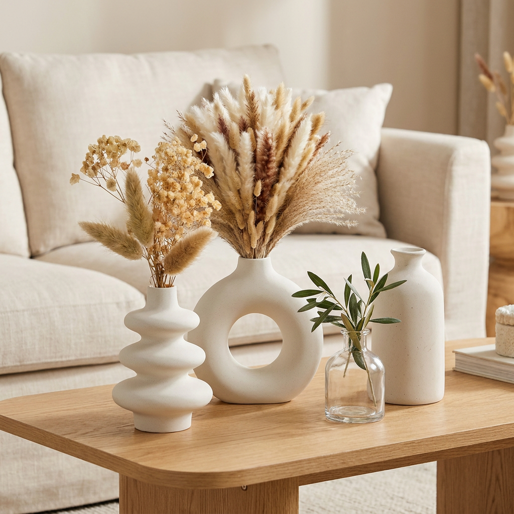 Virelle & Co Botanical Vase Trio — coffee table with olive branch lifestyle