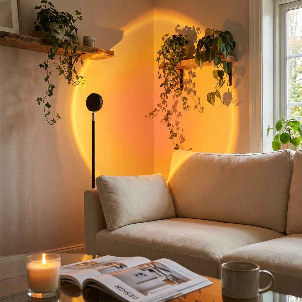 Virelle & Co Sunset Glow Projector — living room golden hour lifestyle