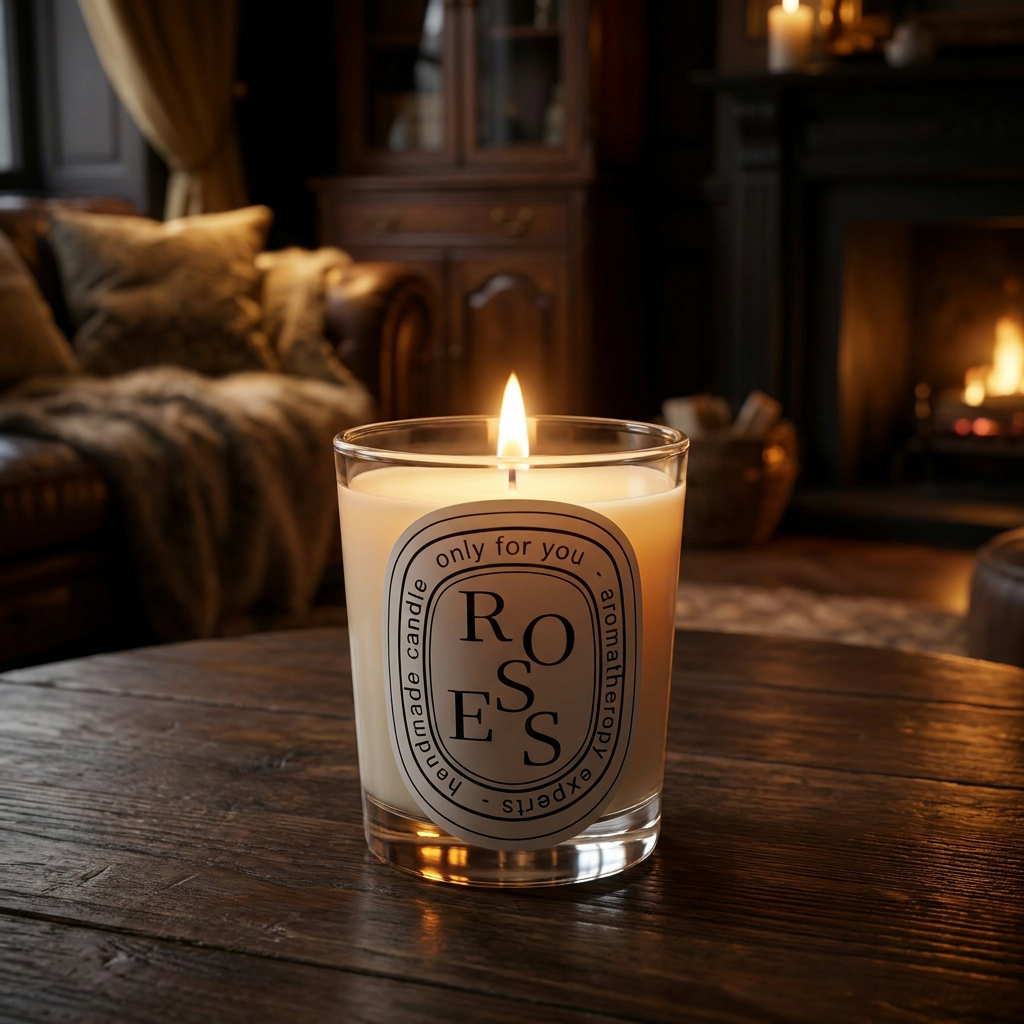 Virelle & Co Luxury Scented Candle lit on dark wood surface - warm amber glow