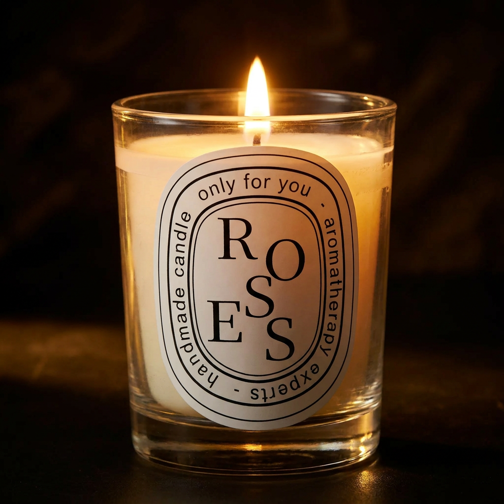 Virelle & Co Scented Candle close up hero shot with flame glowing