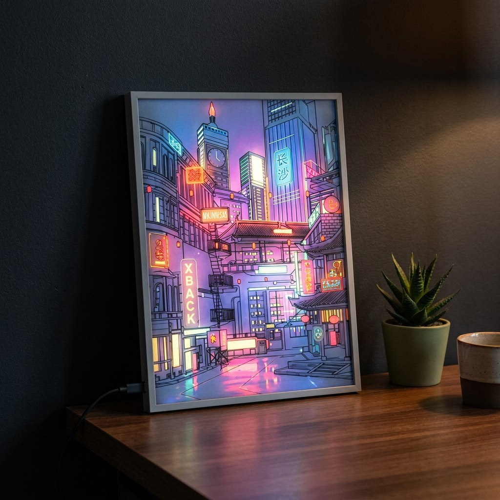 Virelle & Co Neon Glow Frame — portrait lightbox on dark wood desk evening