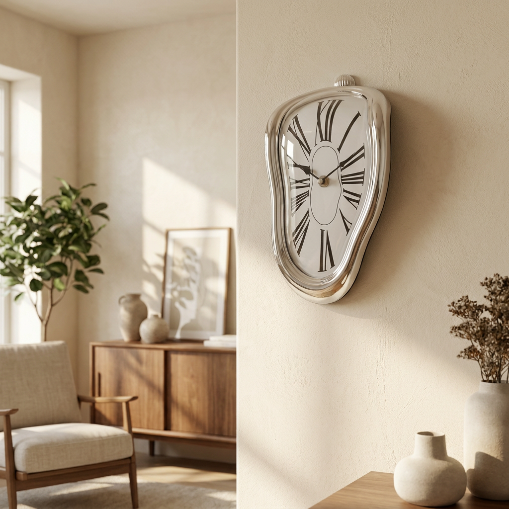 Virelle & Co Dalí Statement Clock — silver chrome variant correct size on cream wall