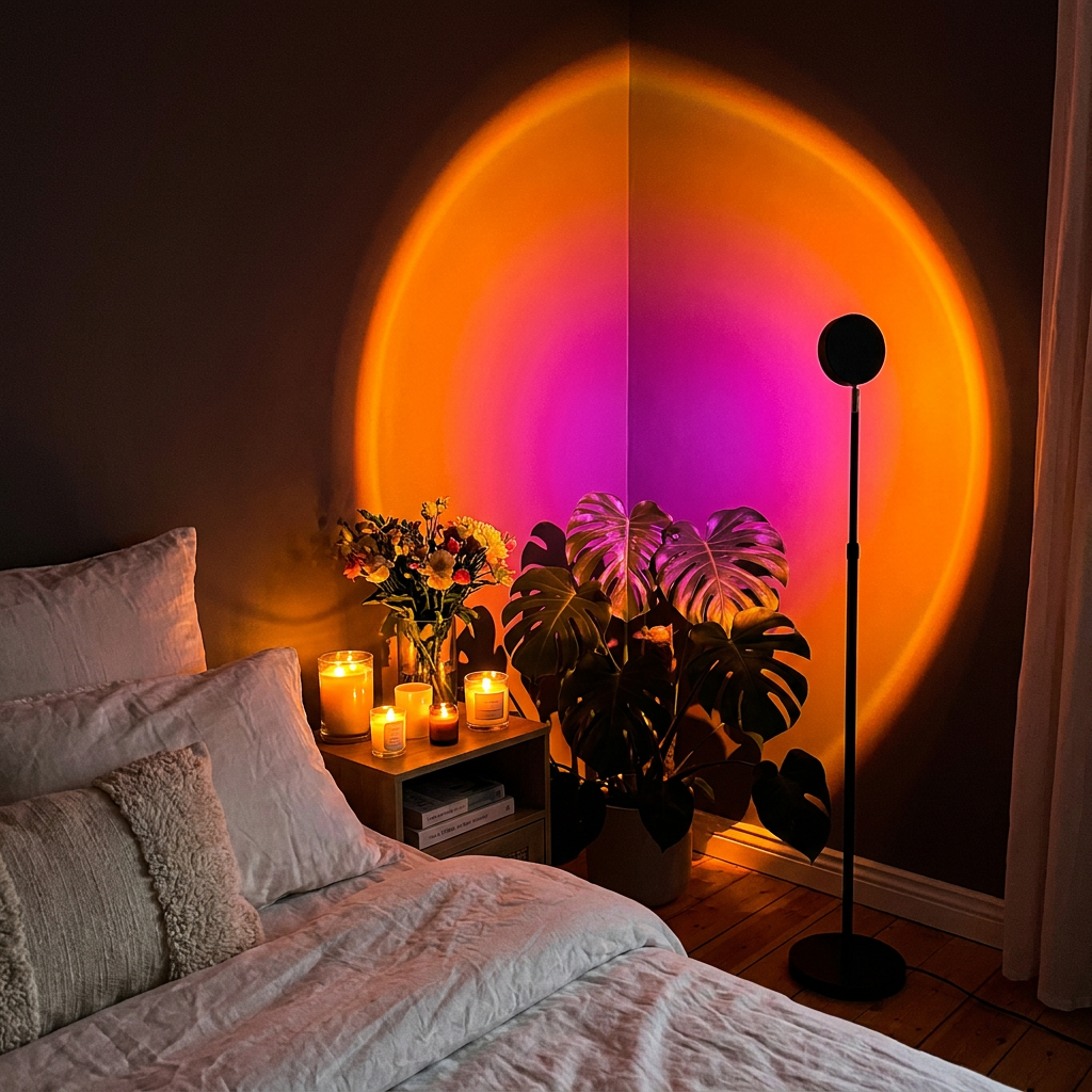 Virelle & Co Sunset Glow Projector — realistic bedroom orange magenta arc projection