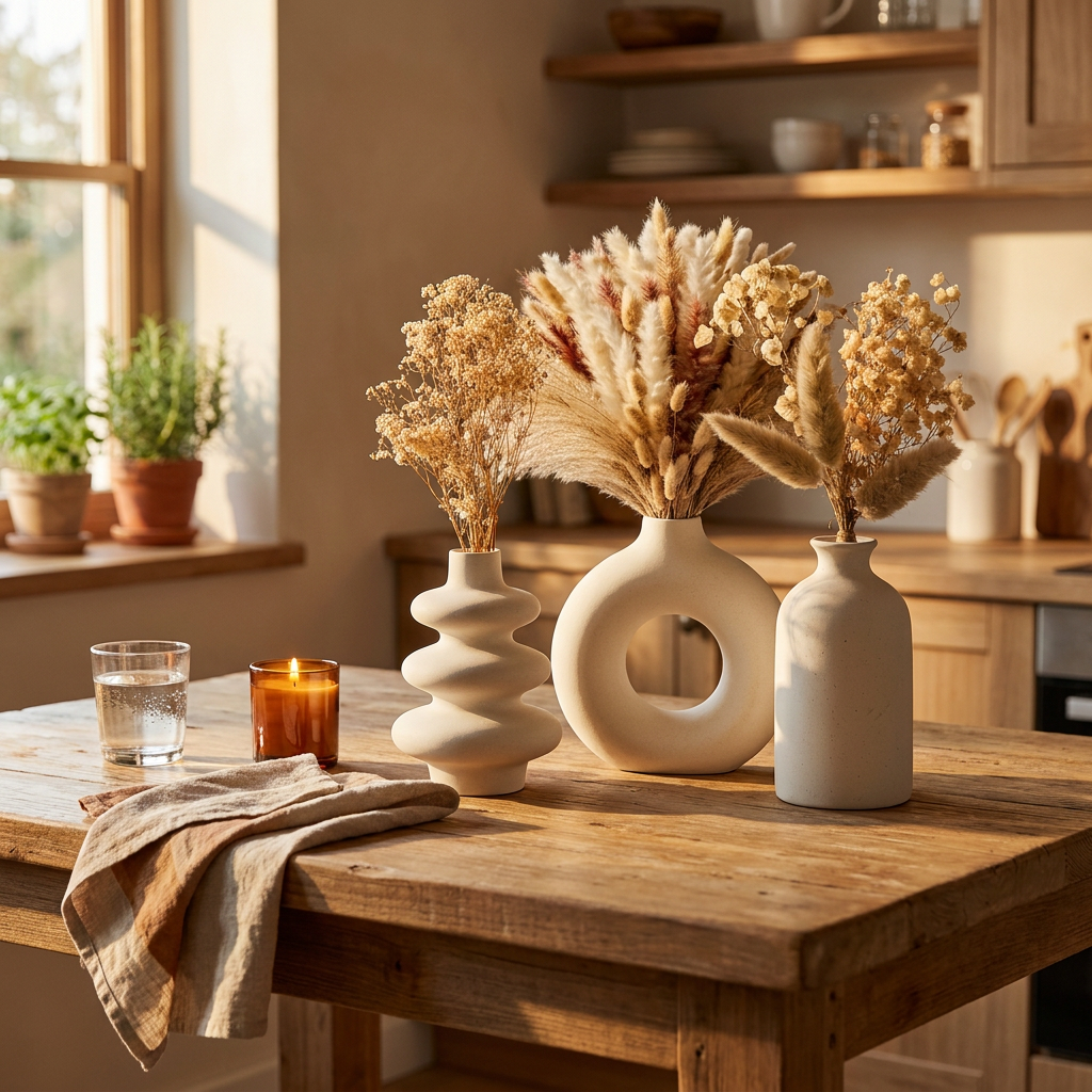 Virelle & Co Botanical Vase Trio — kitchen island golden hour lifestyle