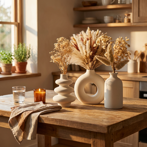Virelle & Co Botanical Vase Trio — kitchen island golden hour lifestyle