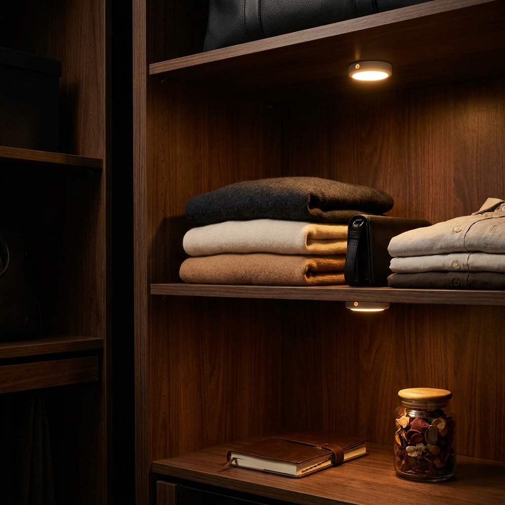 Virelle & Co Puck Lights illuminating inside dark wardrobe closet - cosy warm light