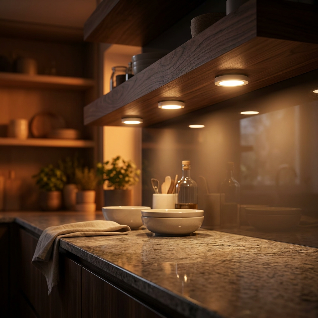 Virelle & Co Puck Lights glowing under dark wooden kitchen shelf - warm ambient glow