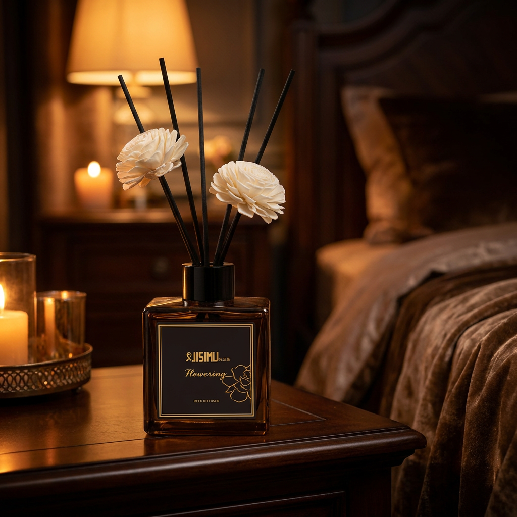 Virelle & Co Reed Diffuser - amber glass bottle with gold Flowering label on dark wood surface