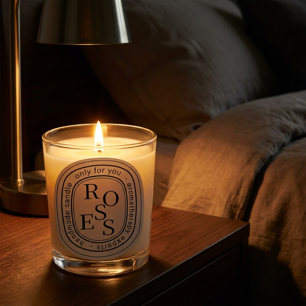 Virelle & Co Scented Candle on bedroom bedside table with candle warmer lamp