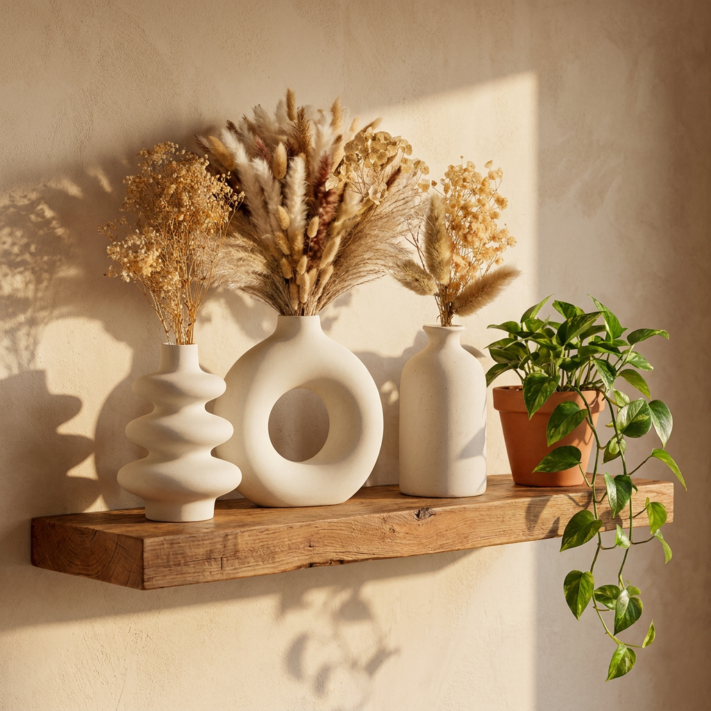 Virelle & Co Botanical Vase Trio — timber shelf with trailing pothos lifestyle
