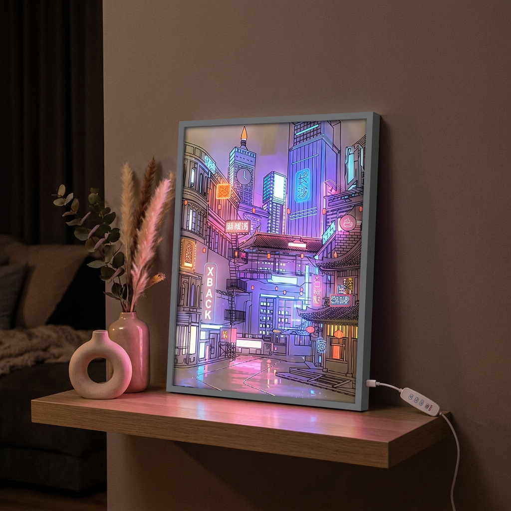 Virelle & Co Neon Glow Frame — portrait lightbox on shelf living room night