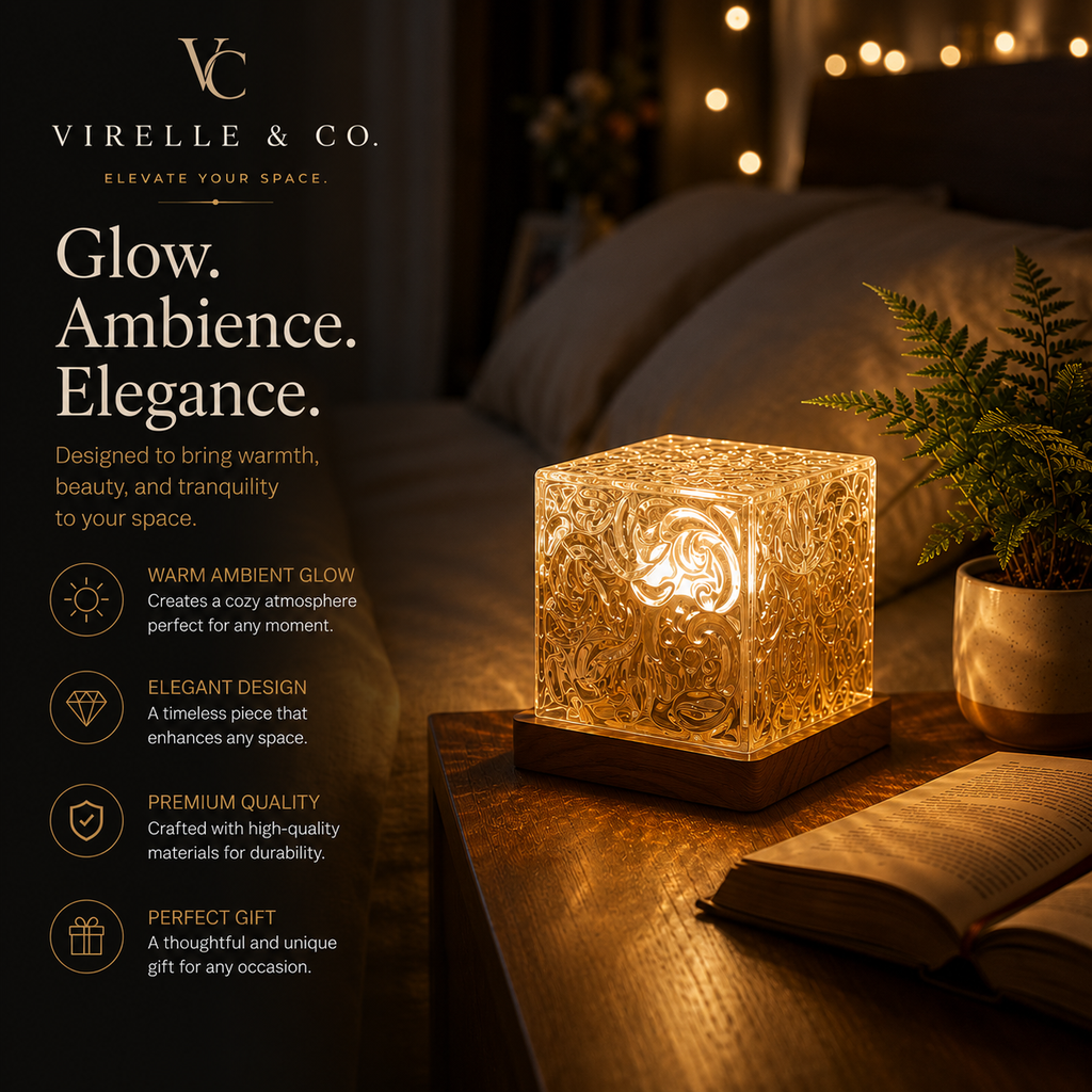 Virelle & Co Aurora Glow Lamp | Ornate Textured Glass Cube Night Light