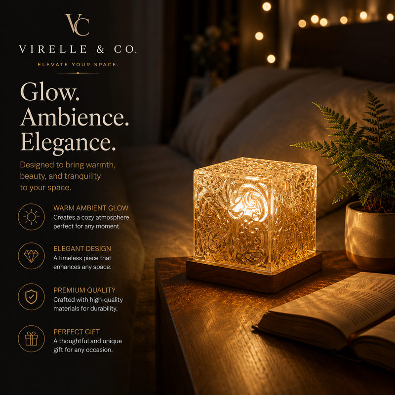 Virelle & Co Aurora Glow Lamp | Ornate Textured Glass Cube Night Light